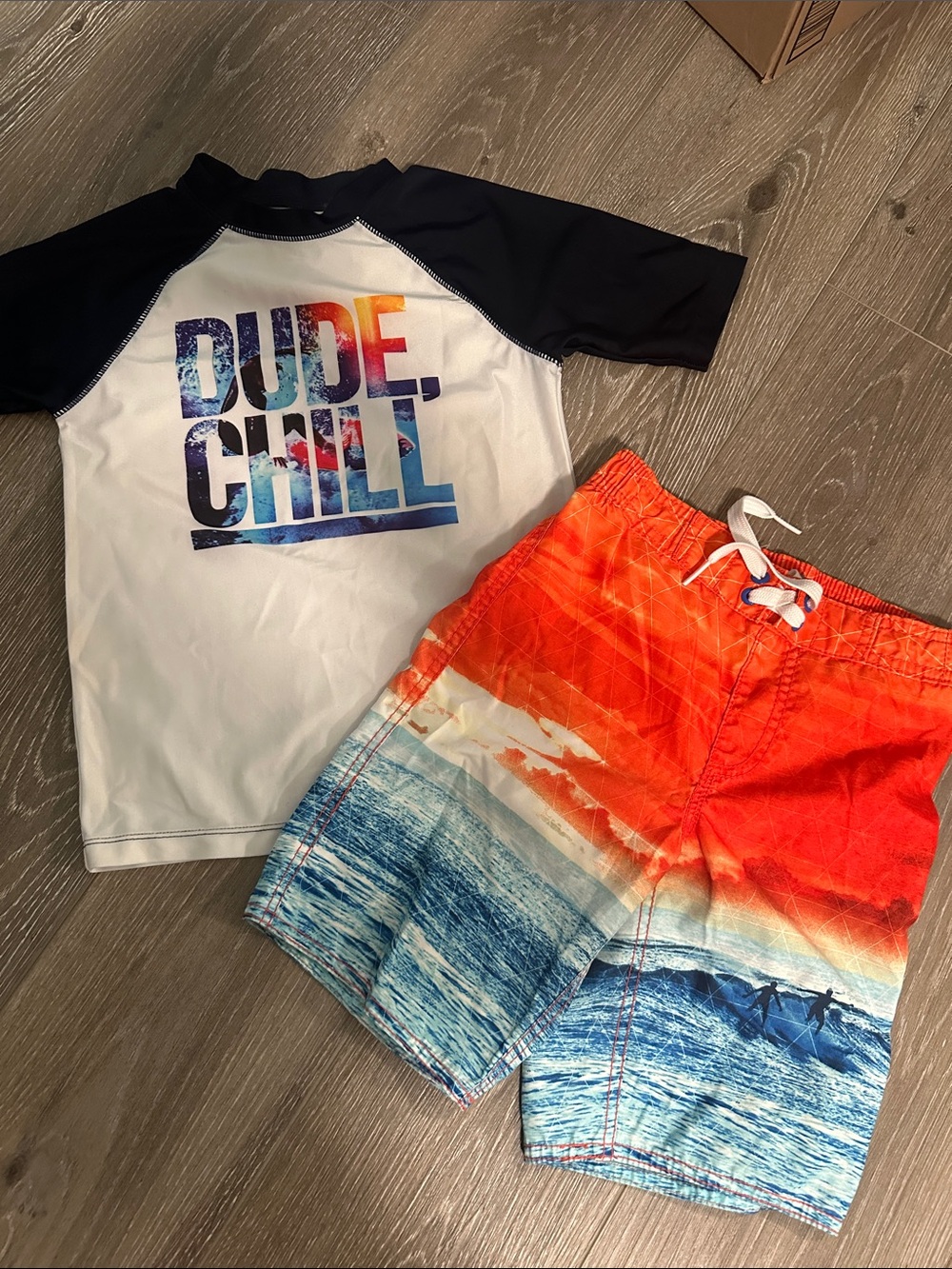 Old Navy Boys White & Navy Rashguard with Orange and Blue Gradient Swim Trunks